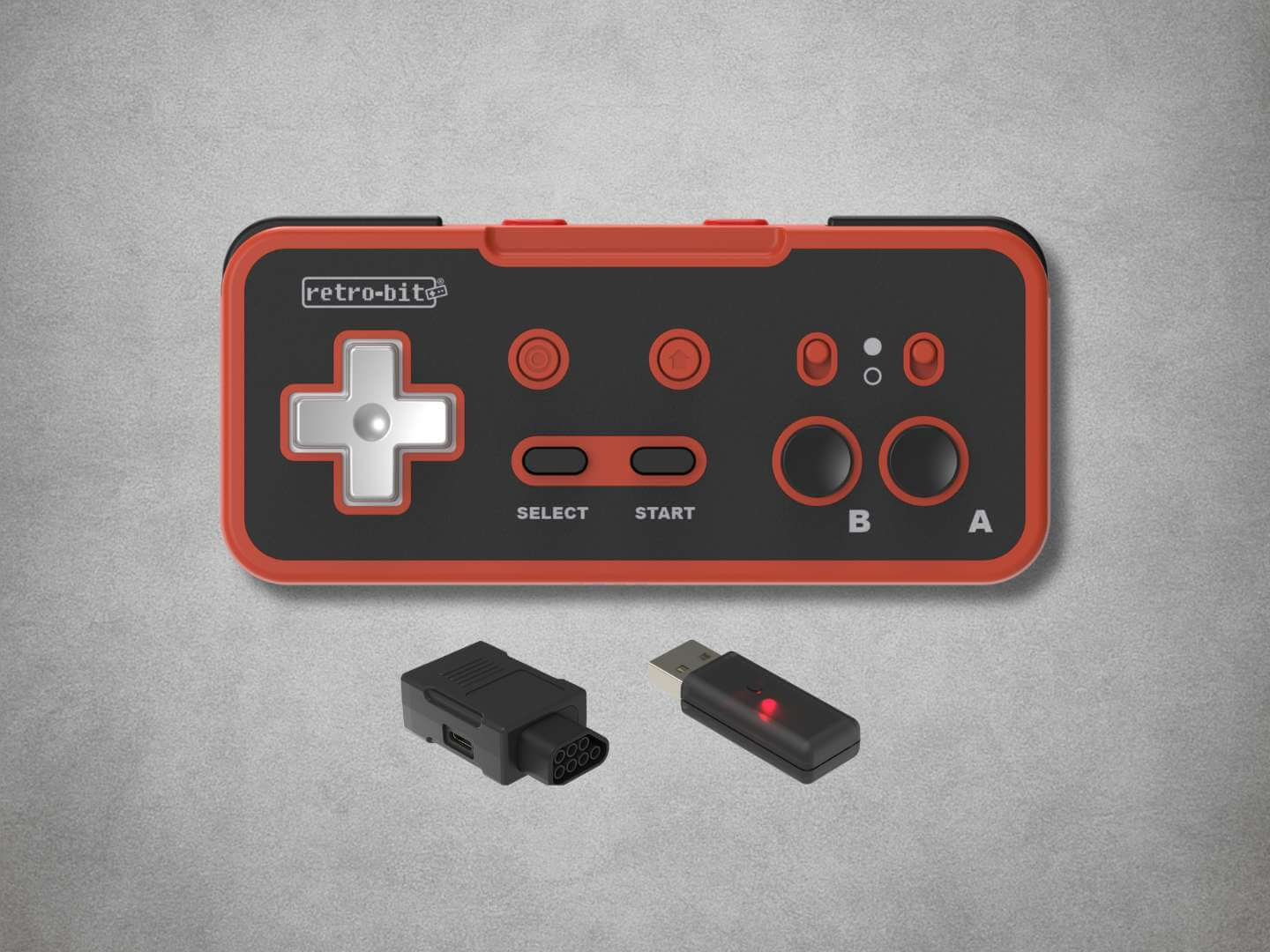 Retro-bit Origin8 NES gaming controller on a gray background with dongles