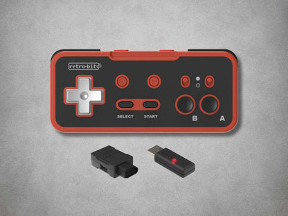 Retro-bit Origin8 NES gaming controller on a gray background with dongles