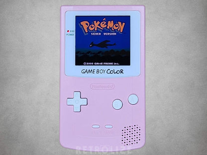 Game Boy Color OLED Pink and White Front View Pokemon Silver on Screen