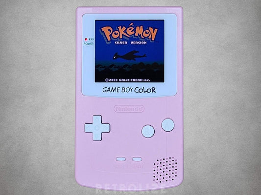 Game Boy Color OLED Pink and White Front View Pokemon Silver on Screen