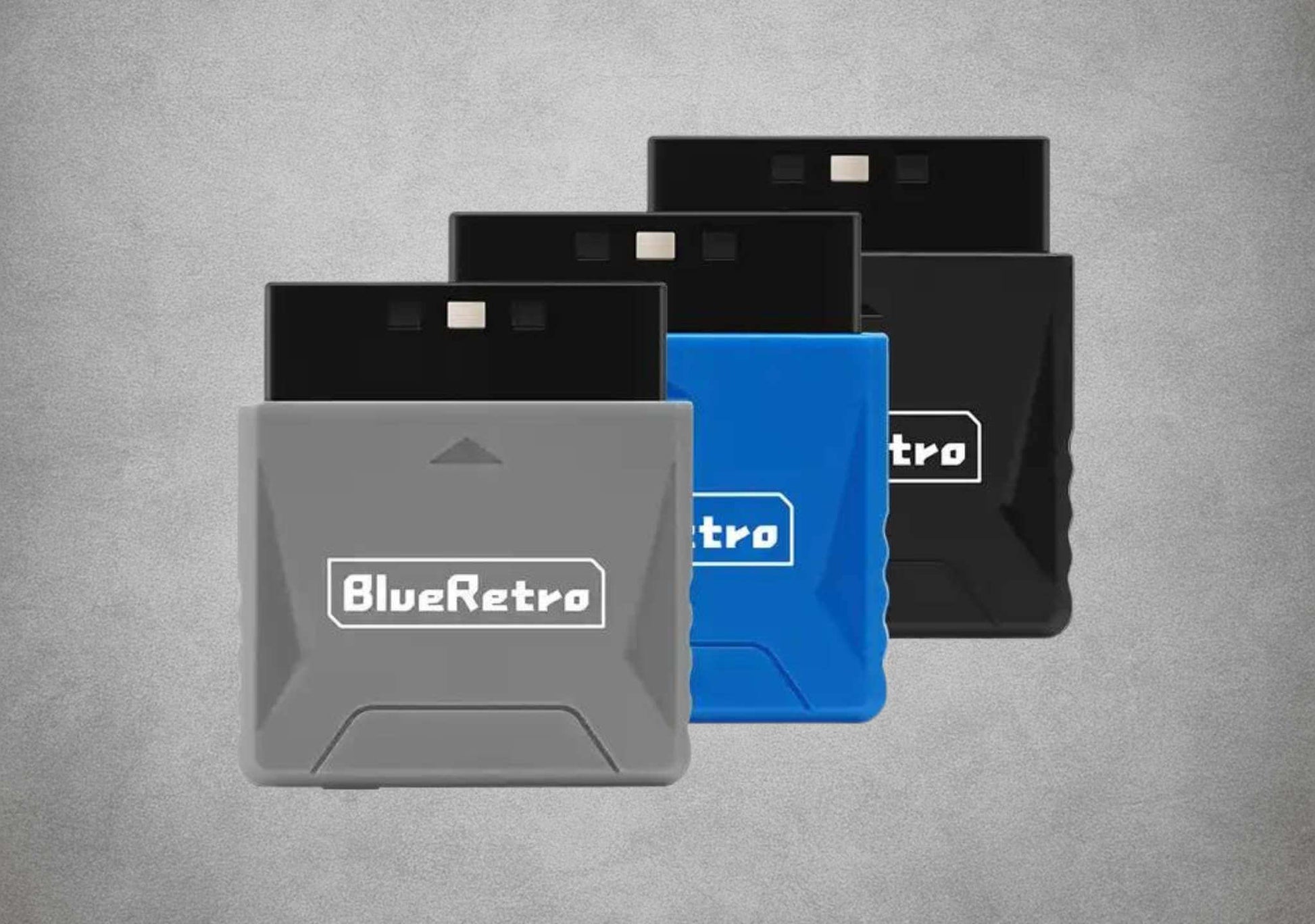 Blue Retro PlayStation 1 PlayStation 2 Bluetooth Wireless Adapter Grey Blue Black on grey background