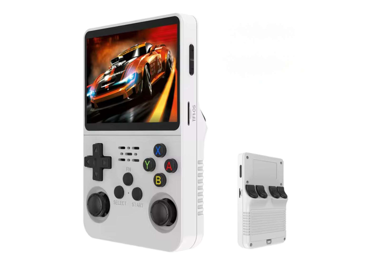 R36S RETRO GAMING EMULATION CONSOLE - WHITE - SIDE AND BACK VIEW