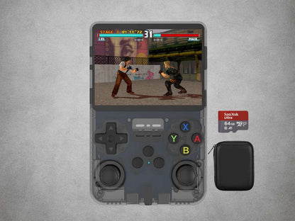 Black R36S retro gaming handheld with a 64GB SanDisk Ultra microSD card and protective carry case