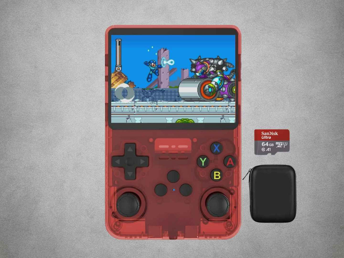 Red R36S retro gaming handheld with a 64GB SanDisk Ultra microSD card and protective carry case