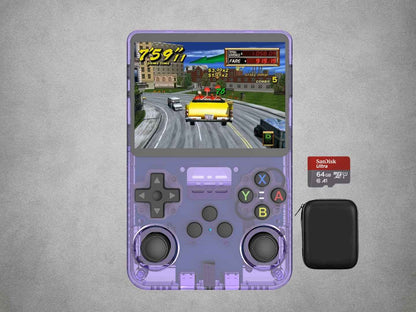 Purple R36S retro gaming handheld with a 64GB SanDisk Ultra microSD card and protective carry case