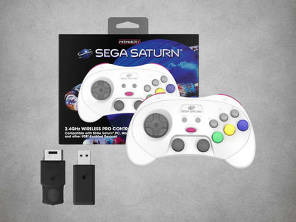 Retro-Bit Sega Saturn controller on a gray background box and dongles