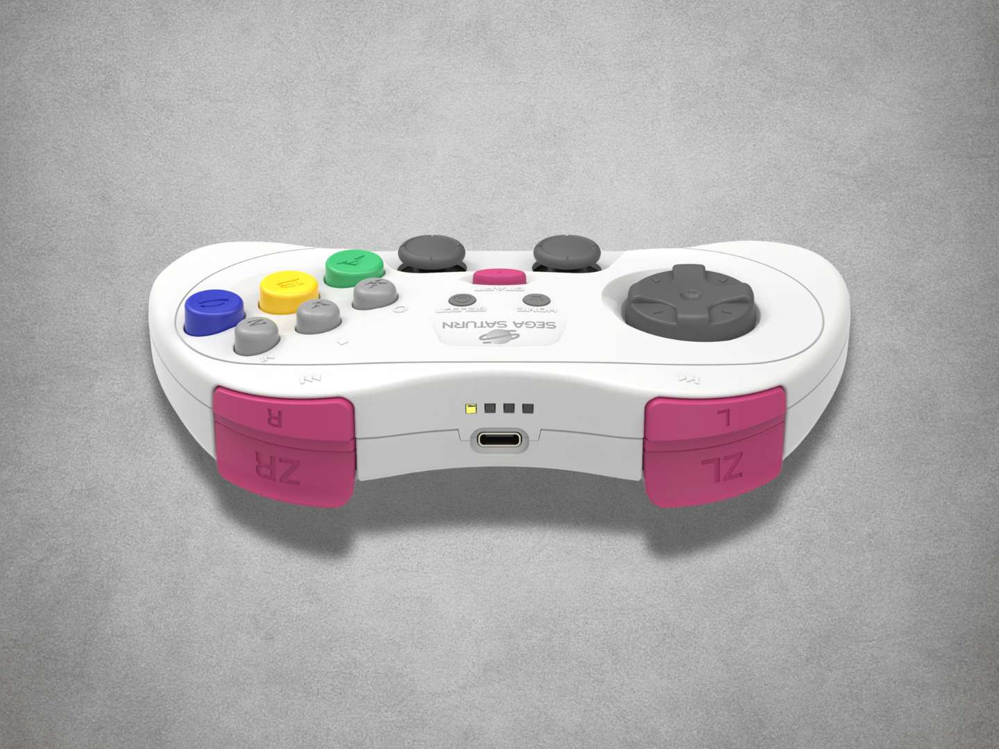 Retro-Bit Sega Saturn controller on a gray background