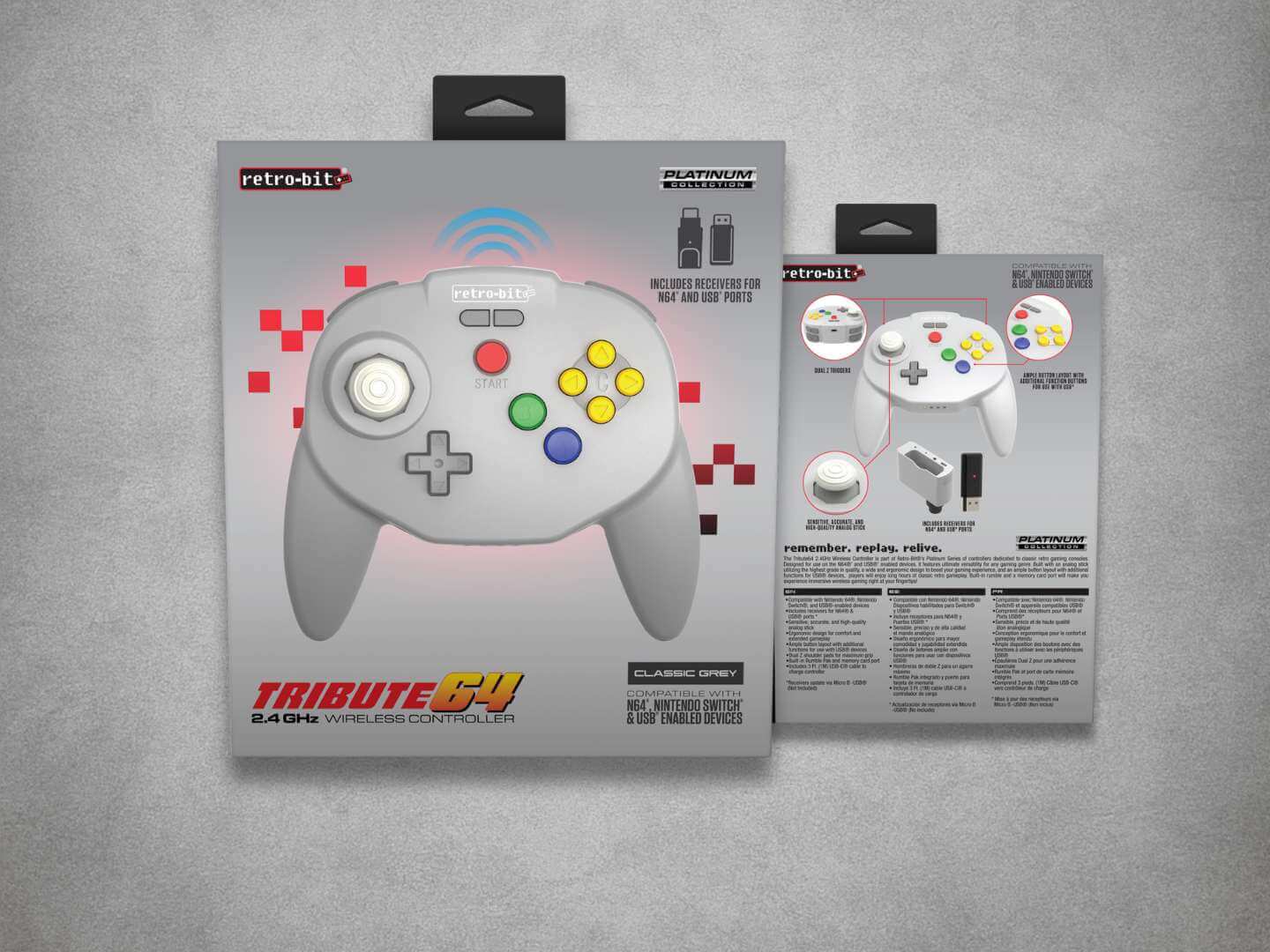 Tribute64 Hori Style wireless Nintendo 64 controller on a grey background box