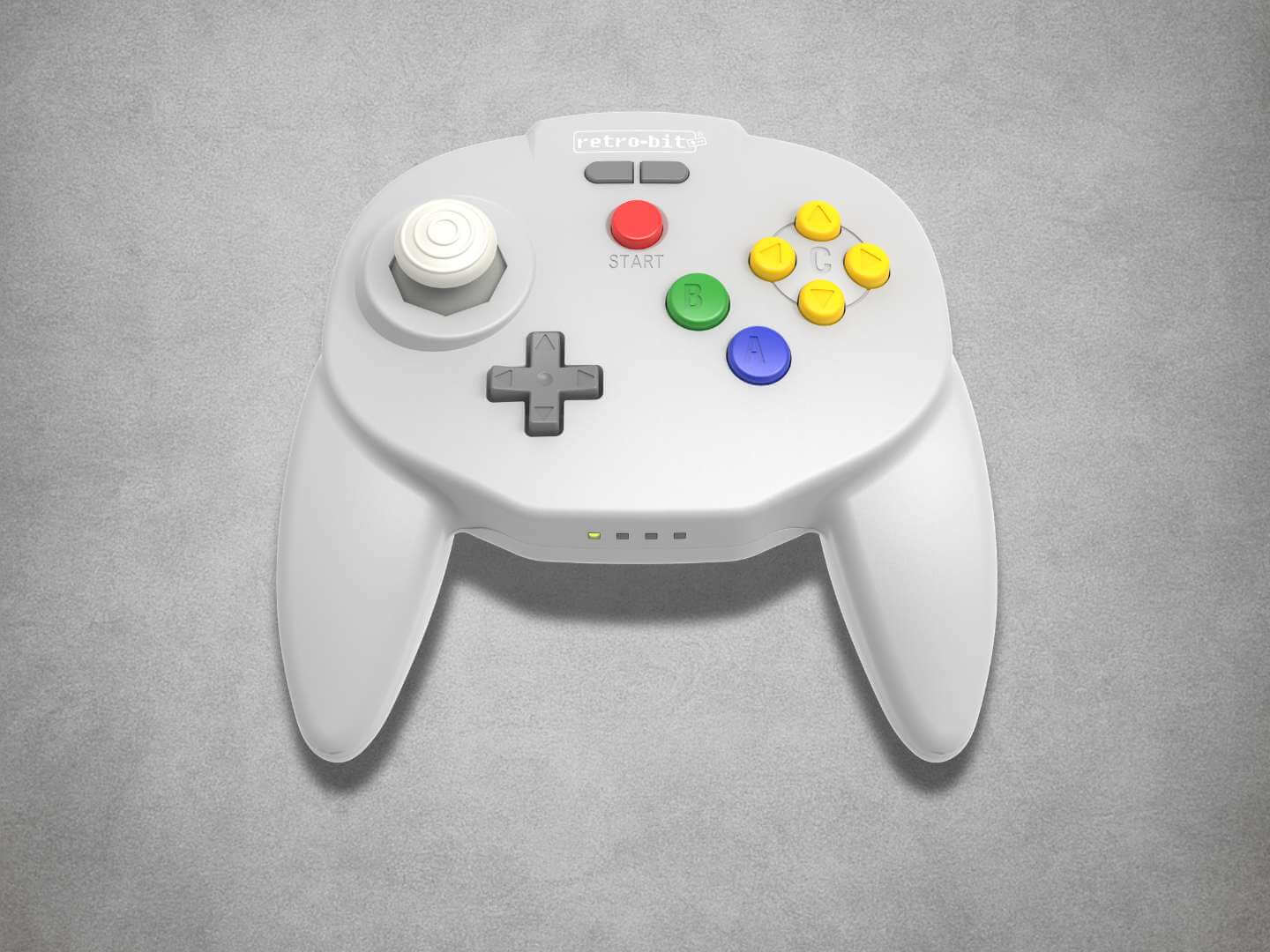 Tribute64 Hori Style wireless Nintendo 64 controller on a grey background