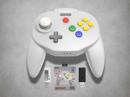 Tribute64 Hori Style wireless Nintendo 64 controller on a grey background