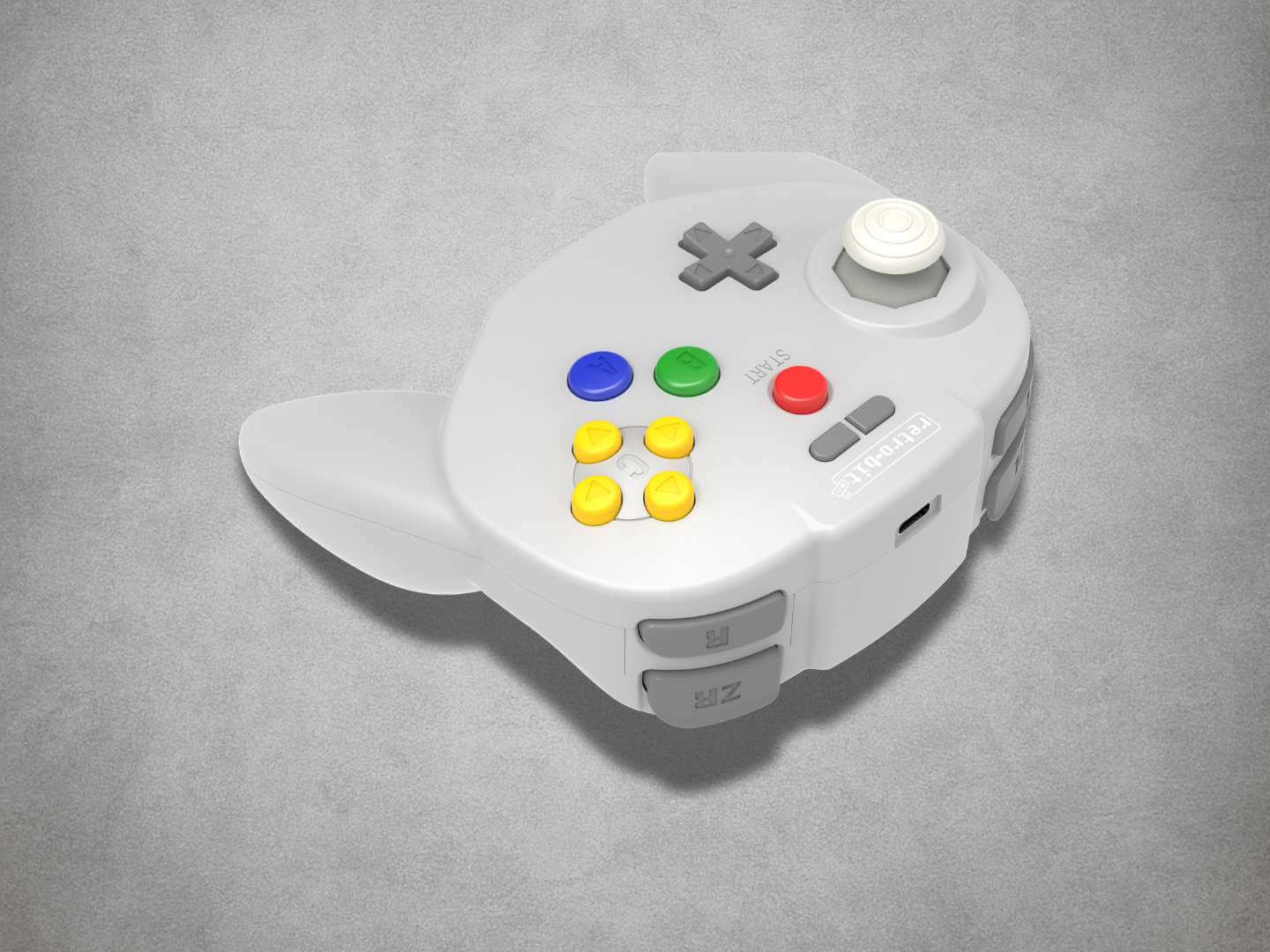 Tribute64 Hori Style wireless Nintendo 64 controller on a grey background side view trigger view