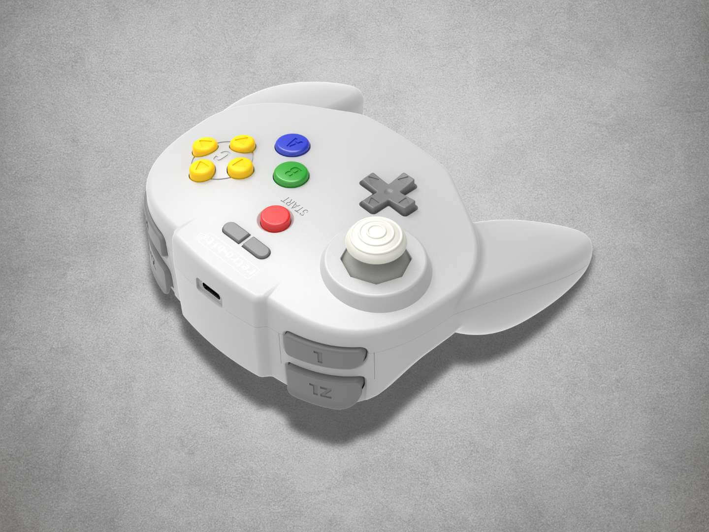 Tribute64 Hori Style wireless Nintendo 64 controller on a grey background side view trigger view