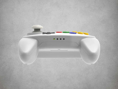Tribute64 Hori Style wireless Nintendo 64 controller on a grey background side view under view