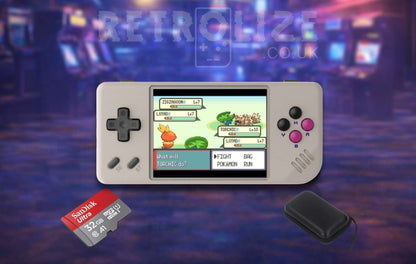 Anbernic RG28XX Console Grey on arcade background