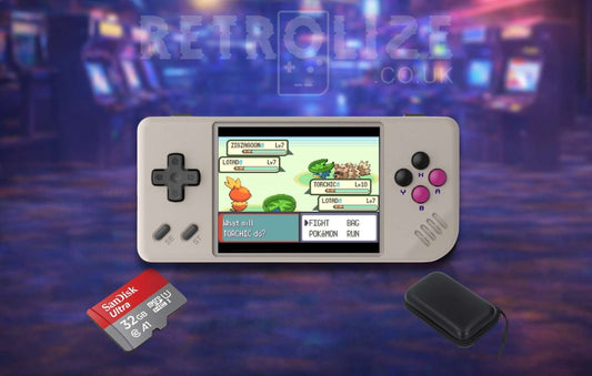 Anbernic RG28XX Console Grey on arcade background