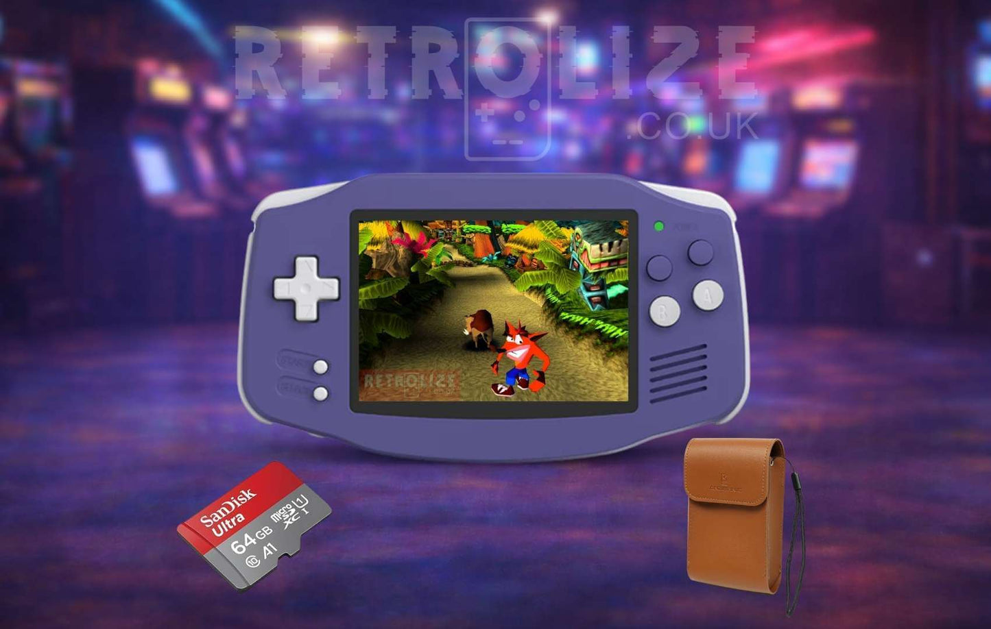 Anbernic RG34XX indigo in an arcade setting