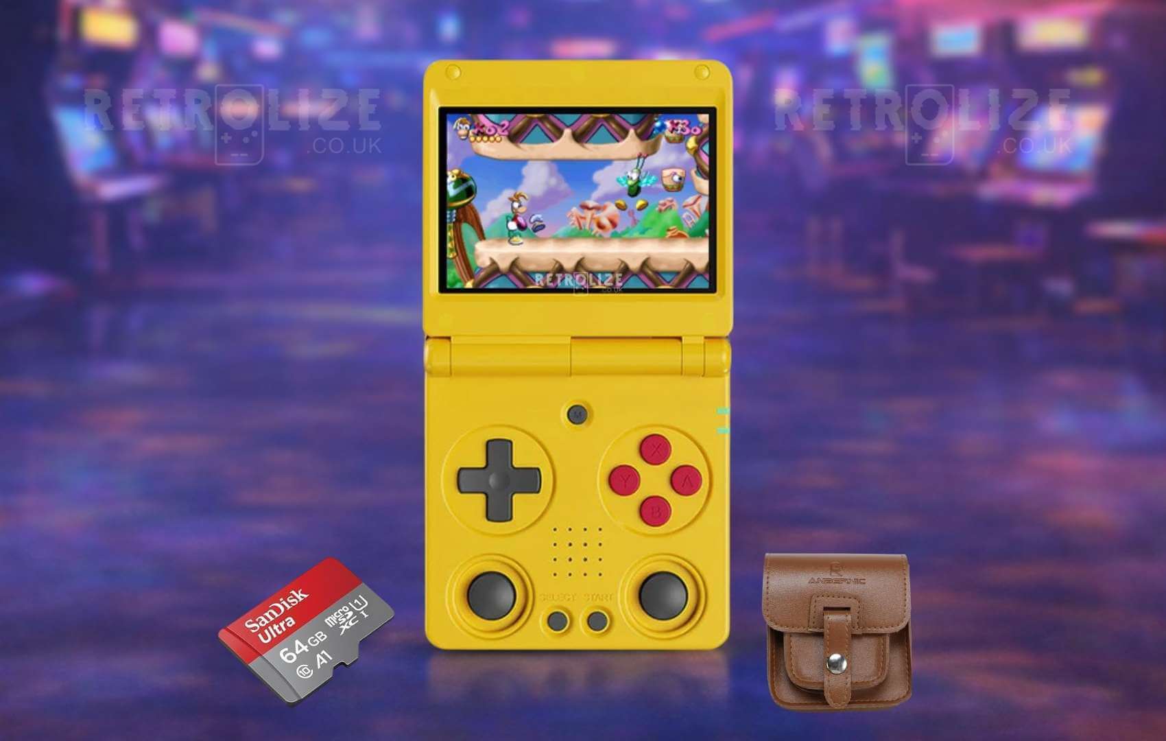 Anbernic RG34XX SP yellow in an arcade setting