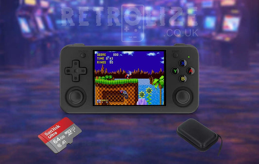 Anbernic RG35XX H black in an arcade setting