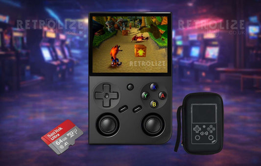 Anbernic RG35XX Pro indigo in an arcade setting