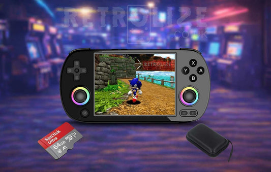 Anbernic RG40XX H black in an arcade setting