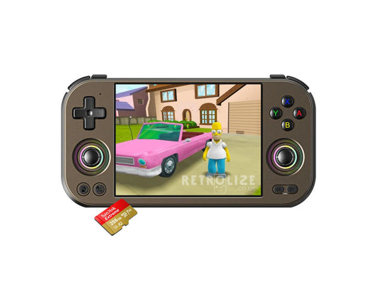 Anbernic RG477M Retro Gaming Handheld Console Front View Simpsons Hit and Run PS2 Game 
