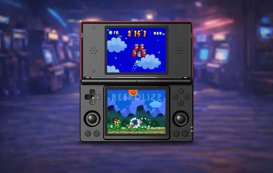 Anbernic RGDS retro gaming console red open on arcade background