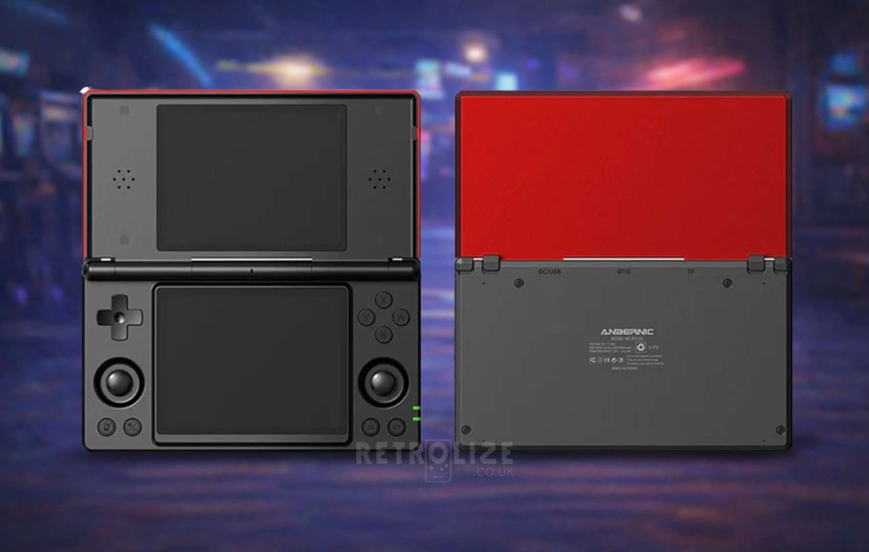 Anbernic RGDS retro gaming console red open front and back on arcade background