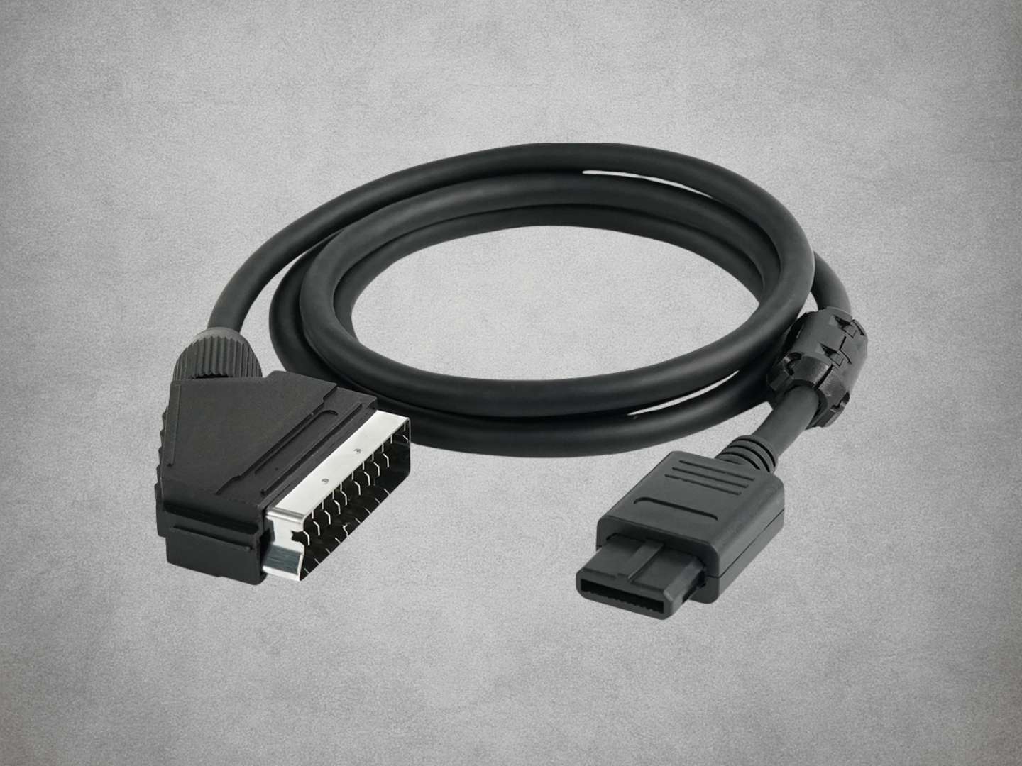 Premium RGB On Sync scart cable for Super Nintendo, GameCube and Nintendo 64 on grey background