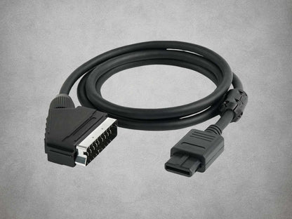 Premium RGB On Sync scart cable for Super Nintendo, GameCube and Nintendo 64 on grey background