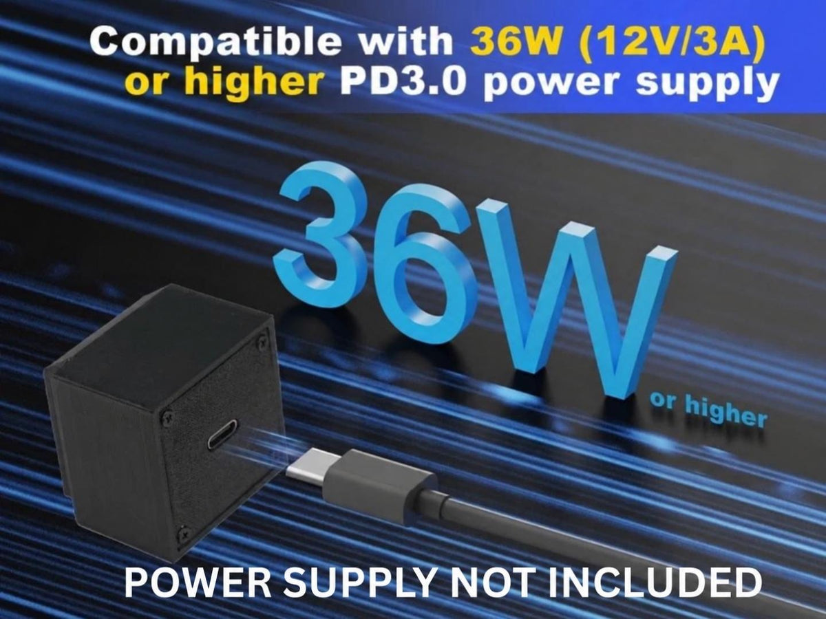 Nintendo 64 USB-C PSU requiring a 12V / 3A USB-C PD charger, with charger sold separately.