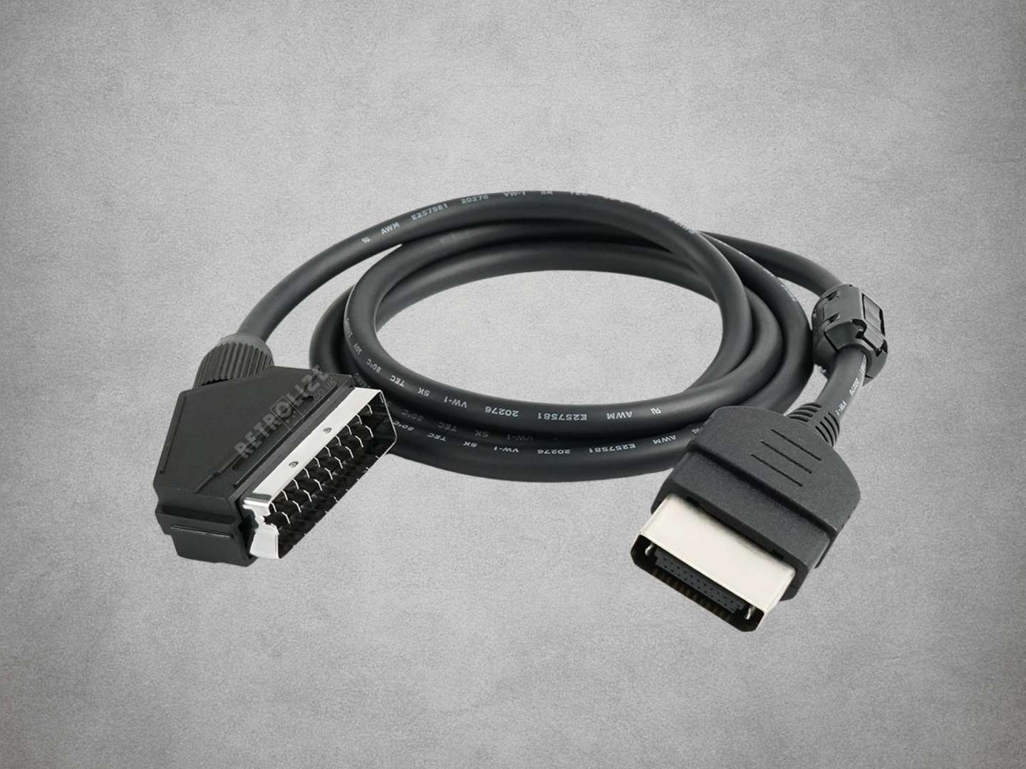 Microsoft Xbox OG On SYNC RGB Scart Cable on grey background
